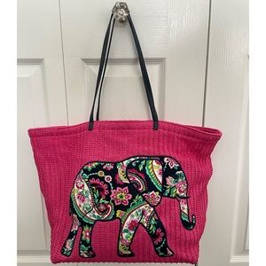 Vera Bradley Pink Straw Tote Bag with Elephant